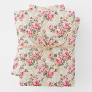 Shabby Chic Aquarellmagenta und Salbei Rose Geschenkpapier Set