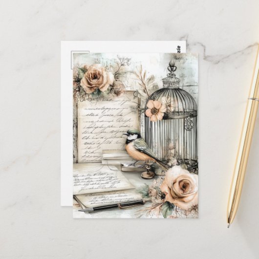Shabby Chic Bird & Cage Postkarte (Vorderseite/Rückseite Beispiel)