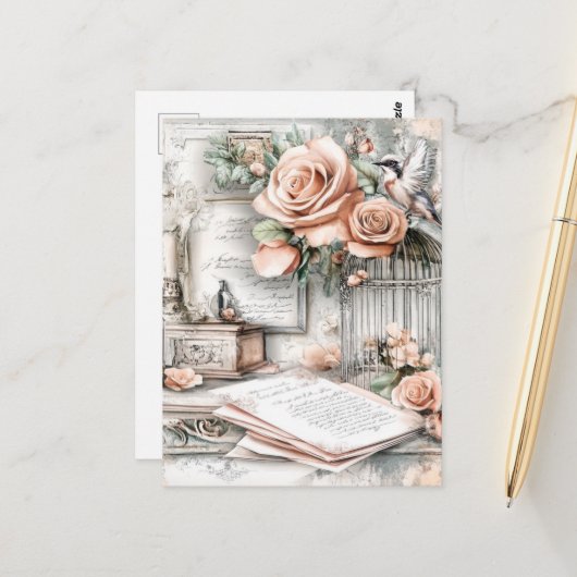 Shabby Chic Bird Cage & Rose Postkarte (Vorderseite/Rückseite Beispiel)