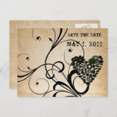Shabby Chic Black Heart Save the Date Ankündigungspostkarte (Vorne/Hinten)