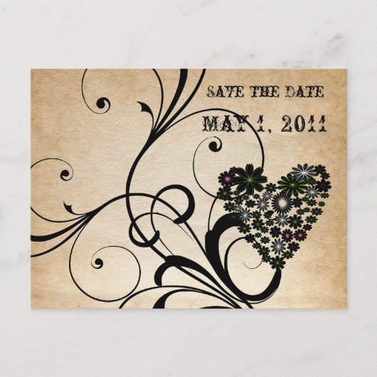 Shabby Chic Black Heart Save the Date Ankündigungspostkarte (Vorderseite)