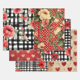 Shabby Chic Black & White Kariert Red Heart Mix Geschenkpapier Set