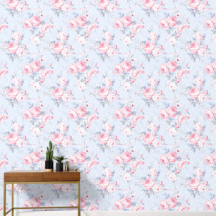 Shabby Chic Blaurosa Rosenmuster Tapete