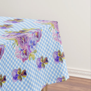 Shabby Chic Blue Gingham Pansy Floral Tablecloth Tischdecke