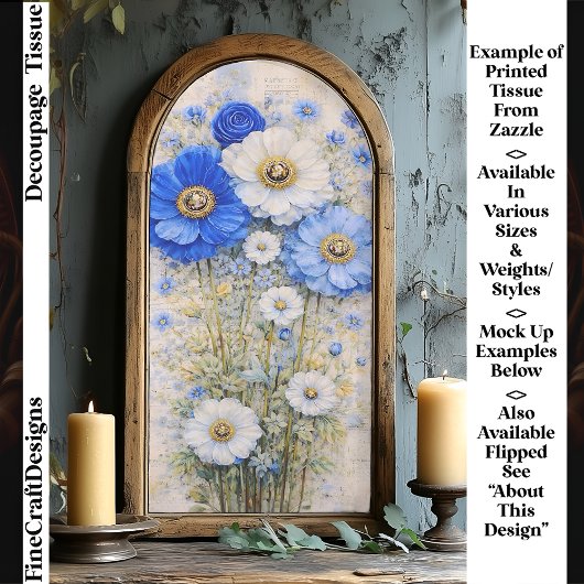 Shabby Chic Blue Ivory Mix Flowers FD7L Decoupage Seidenpapier