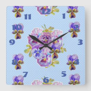 Shabby Chic Blue Pansies Pansy Floral Dot Spot Quadratische Wanduhr