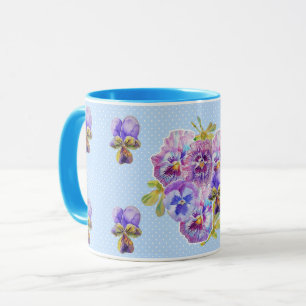 Shabby Chic Blue Pansy Floral Polka Dot Tasse