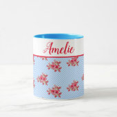 Shabby Chic Blue Red Floral Lily Gingham Art Tasse (Zentrum)