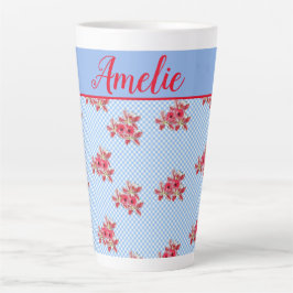 Shabby Chic Blue Red Floral Lily Gingham Latte Tas Milchtasse