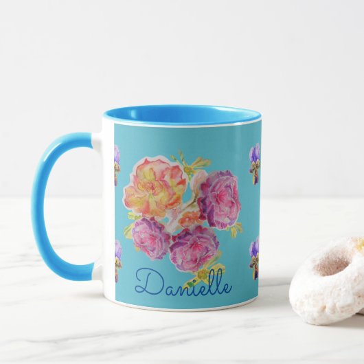 Shabby Chic Blue Rose Floral Viola Blume Tasse (Mit Donut)