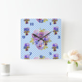 Shabby Chic Blue Stiefmütterchens Pansy Floral Kar Quadratische Wanduhr (Zuhause)