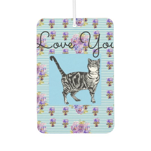 Shabby Chic Blue Strip Tabby Cat Liebe Herz Autolufterfrischer (Vorderseite)