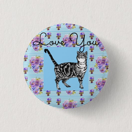 Shabby Chic Blue Strip Tabby Cat Liebe Herz Button (Vorderseite)