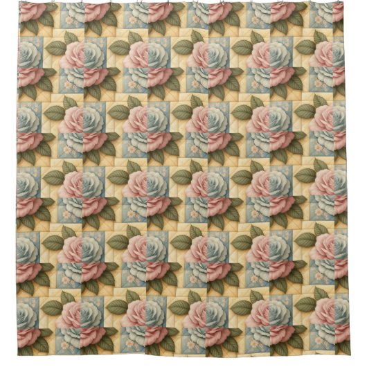 Shabby Chic Blumenfalsche Steppdeckenmuster Duschvorhang (Vorderseite)