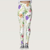 Shabby Chic Blumenrosa Gelbe violette Blumen Leggings (Vorderseite)