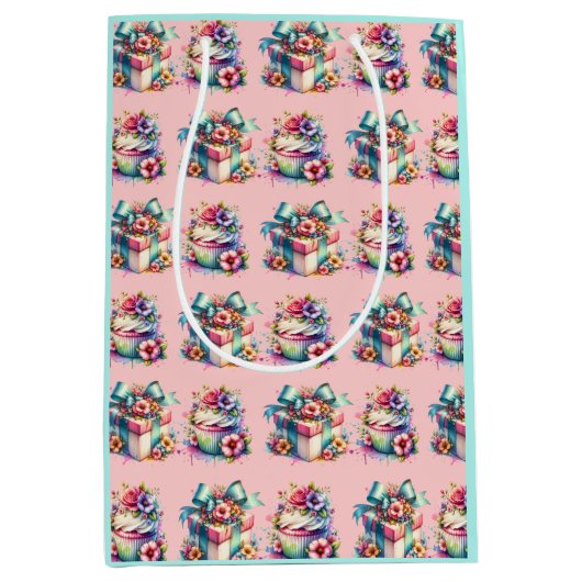 Shabby Chic Blumenrosa und Blauer Geburtstag Mittlere Geschenktüte (Vorderseite)