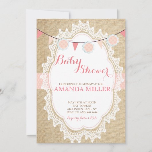 Shabby Chic Blush Pink Babydusche Einladungen (Vorderseite)