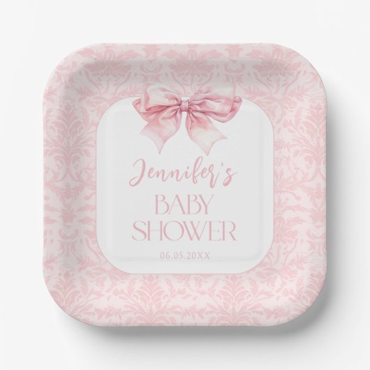 Shabby Chic Blush Pink Bow Baby Girl Dusche Pappteller (Vorderseite)