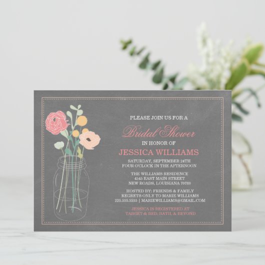 Shabby Chic Brautparty| Korallen Einladung (Stehend Vorderseite)