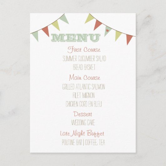 Shabby Chic Bunting Wedding Menu Postkarte (Vorderseite)