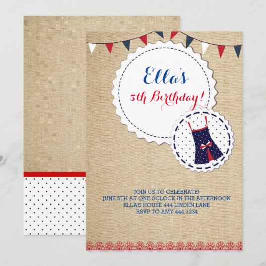 Shabby Chic Burlap Navy Roter Geburtstag Einladung (Vorne/Hinten)