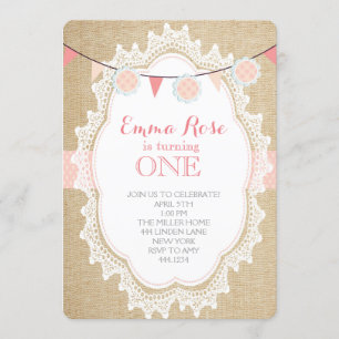 Shabby Chic Burlap Pink Geburtstagseinladungen Einladung