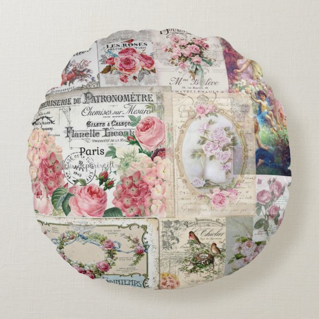 Shabby Chic-Collage, Land viktorianisch, Decopage, Rundes Kissen (Vorderseite)