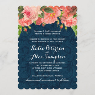 Shabby Chic Coral and Navy Blue Weditation Einladu Einladung