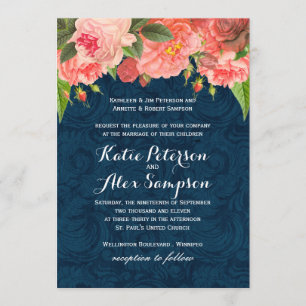 Shabby Chic Coral and Navy Blue Weditation Einladu Einladung