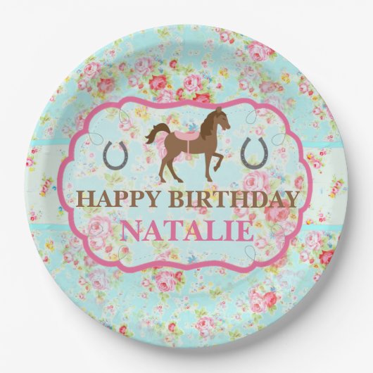 Shabby Chic-Cowgirl-Blumenpony-Papierplatte Pappteller (Vorderseite)