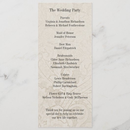 Shabby Chic Creme Damask und Hochzeit mit gelber B Programm (Rückseite)