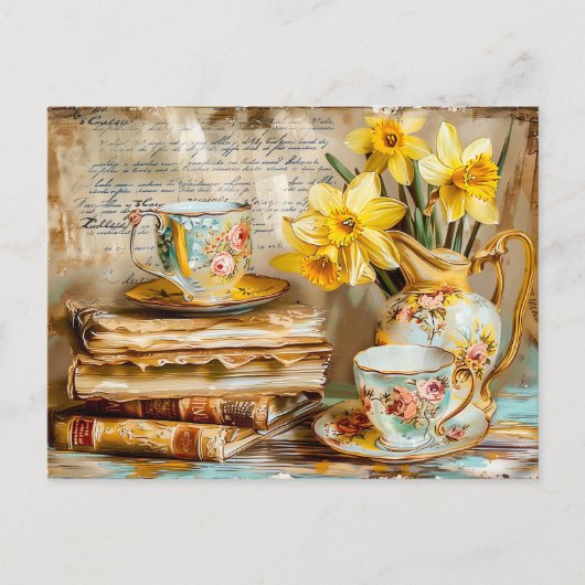 Shabby chic Daffodils on a Stacked antique Books Postkarte (Vorderseite)