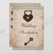 Shabby Chic Damask Herz- und Schlüsselhochzeit Einladung (Vorne/Hinten)