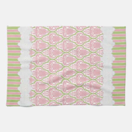 Shabby Chic-Damast-rosa u. grüner Tee Geschirrtuch (Horizontal)