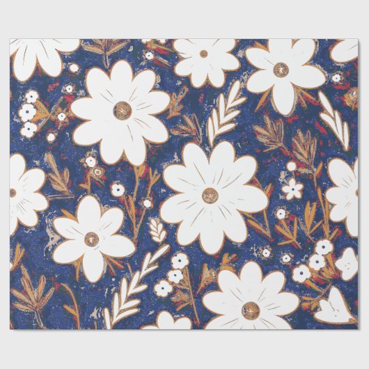 Shabby Chic Deep Blue White Retro Daisy Muster Geschenkpapier (Flach)