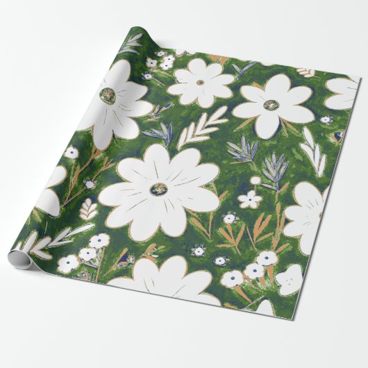 Shabby Chic Deep Green White Retro Daisy Muster Geschenkpapier (Ungerollt)