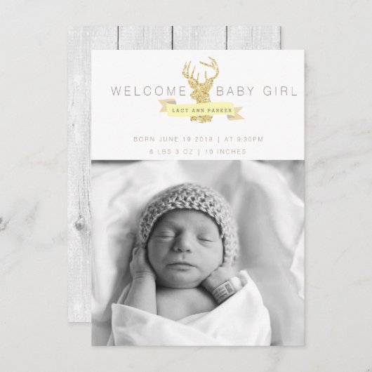 Shabby Chic Deer Birth Announcement Foto Ankündigung (Vorne/Hinten)