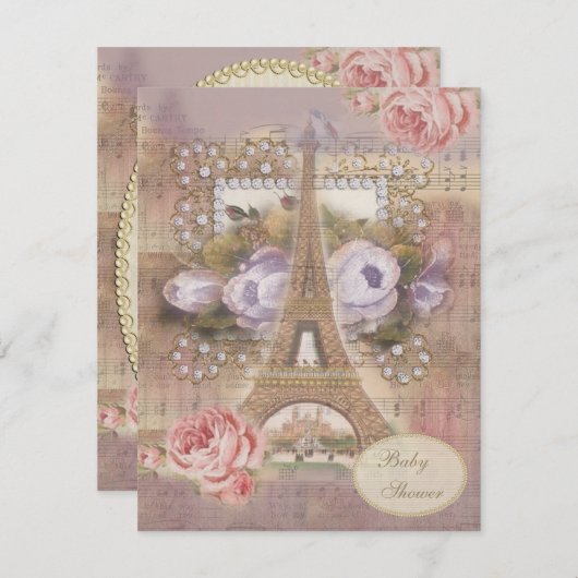 Shabby Chic Eiffel Tower Floral Baby Dusche Einladung (Vorne/Hinten)
