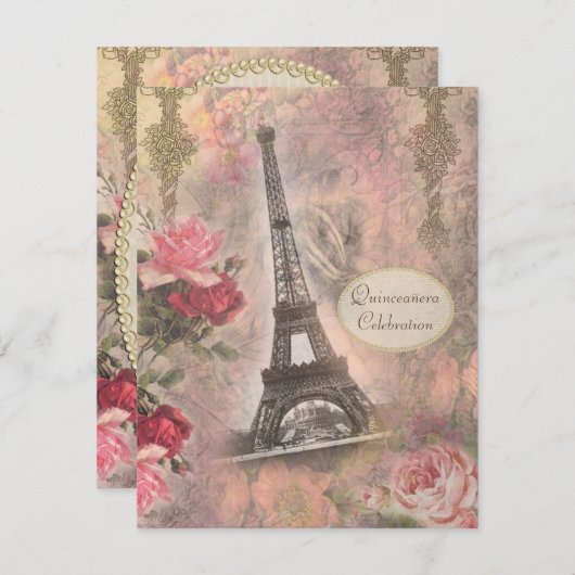 Shabby Chic Eiffel Tower & Rose Quinceanera Einladung (Vorne/Hinten)