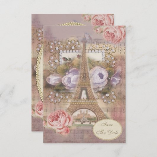 Shabby Chic Eiffel Tower Save the Date Einladung (Vorne/Hinten)