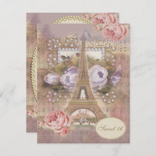 Shabby Chic-Eiffel-Turm-Blumenbonbon 16 Einladung (Vorne/Hinten)