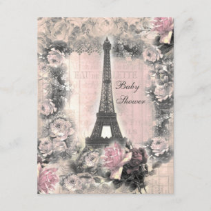 Shabby Chic-Eiffel-Turm u. Rosen-Baby-Dusche Einladung