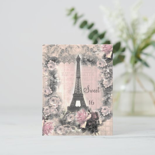 Shabby Chic-Eiffel-Turm u. Rosen-Bonbon 16 Einladung (Stehend Vorderseite)