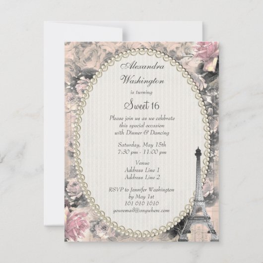 Shabby Chic-Eiffel-Turm u. Rosen-Bonbon 16 Einladung (Rückseite)
