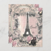 Shabby Chic-Eiffel-Turm u. Rosen-Bonbon 16 Einladung (Vorne/Hinten)