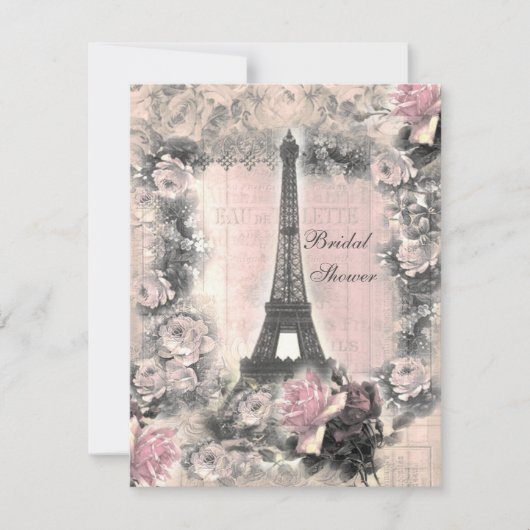Shabby Chic-Eiffel-Turm u. Rosen-Brautparty Einladung (Vorderseite)