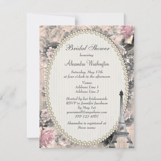 Shabby Chic-Eiffel-Turm u. Rosen-Brautparty Einladung (Rückseite)