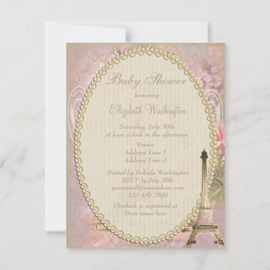 Shabby Chic Eiffelturm Pink Blauer Babydusche Einladung (Rückseite)