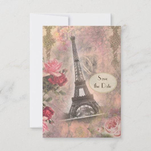 Shabby Chic Eiffelturm & Rose Save the Date (Vorderseite)
