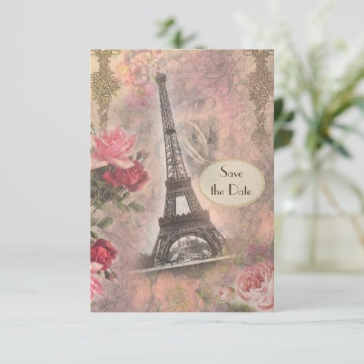 Shabby Chic Eiffelturm & Rose Save the Date (Stehend Vorderseite)